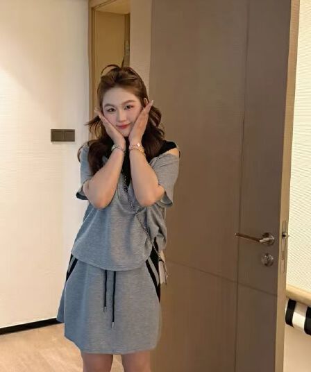 난 머리말 출처 어린이 마이크로 지방 여성 의류 빅 사이즈 지방 mm 슬림해 보이는 여름 드레스 패션 반팔 티셔츠 반신 치마 세트 투피스 세트