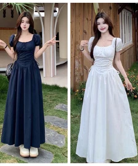 실사 빅 사이즈 지방 mm 여름 프랑스식 광장 칼라 디자인 센스 스트랩 허리 수축 슬립 드레스 롱 코트 한 마디 여성 드레스