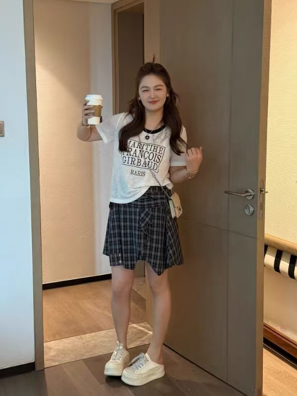 난 머리말 출처 어린이 마이크로 지방 여성 의류 빅 사이즈 지방 mm 슬림해 보이는 표지 배 여름 반팔 티셔츠 치마바지 반신 치마 세트