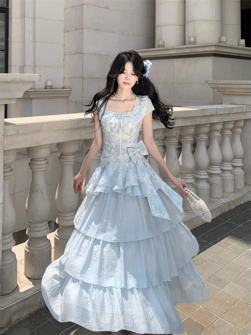 비가 내린 후 맑은 하늘 소녀 신선함 홀로우 아웃 헤일로 염색 자카드 케이크 롱 스커트