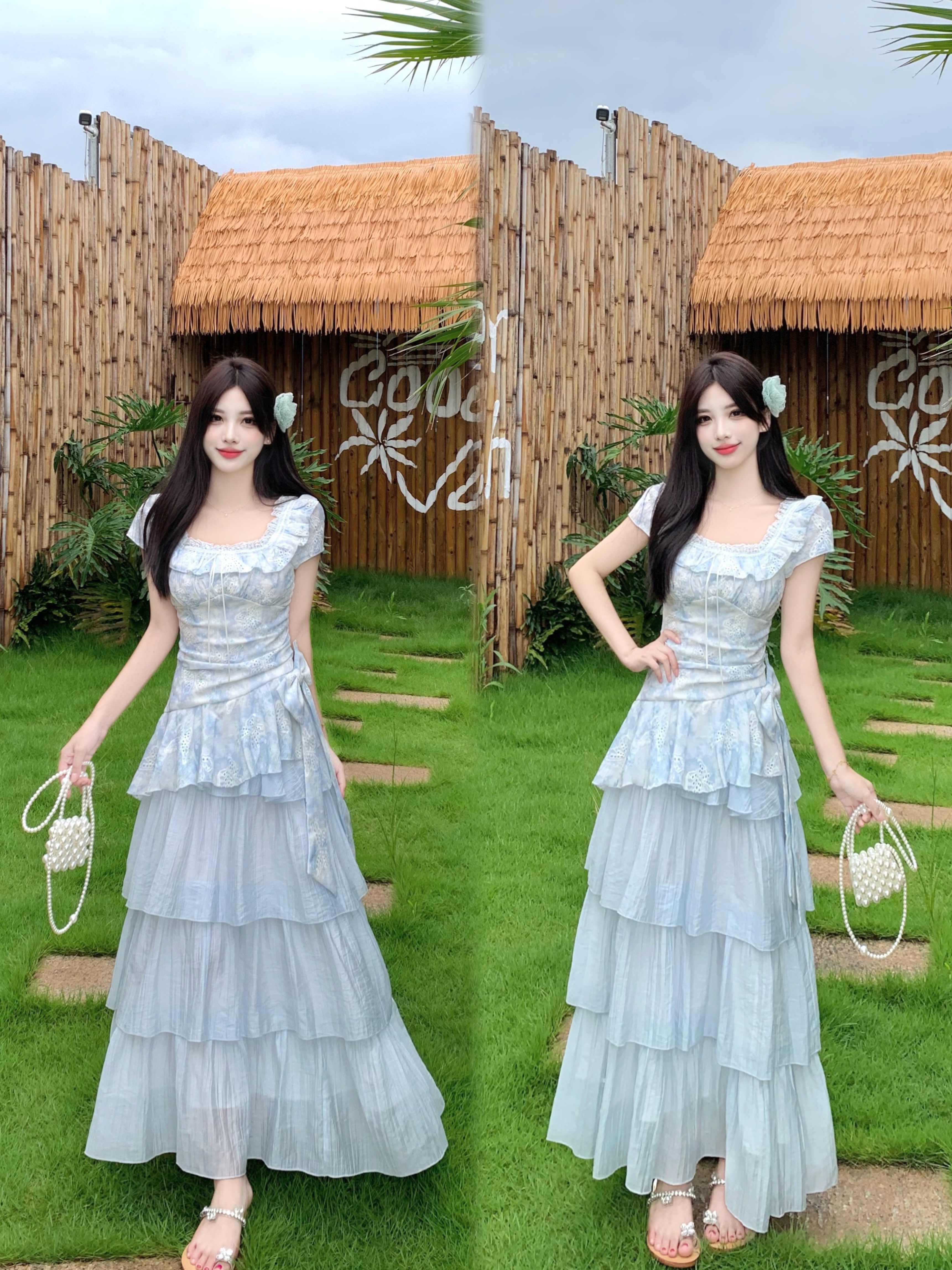 실사 비가 내린 후 맑은 하늘 소녀 신선함 홀로우 아웃 헤일로 염색 자카드 케이크 롱 스커트