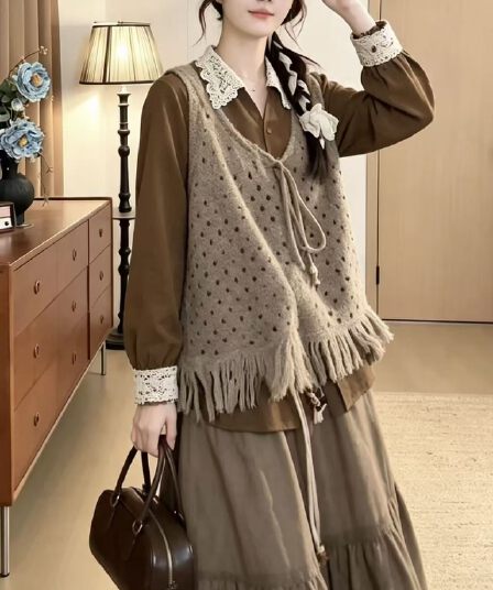 vgvl 작은 주 오족 셔츠 가을 밀가루 레트로 항구 바람 캐주얼 다용도 허리 수축 레이스 셔츠 맨위 가을
