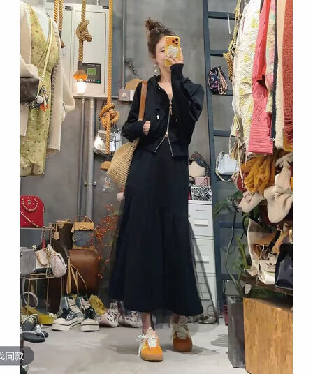 프라임 당겨서 유럽 니켈 착용 가져 가라. 한 부서 디자인 캐주얼 후드티 오픈 가디건 패치워크 망사 반신 치마 세트