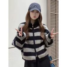 批发韩系撞色条纹拉链立领毛衣女秋冬外穿宽松慵懒高级感针织开衫外套