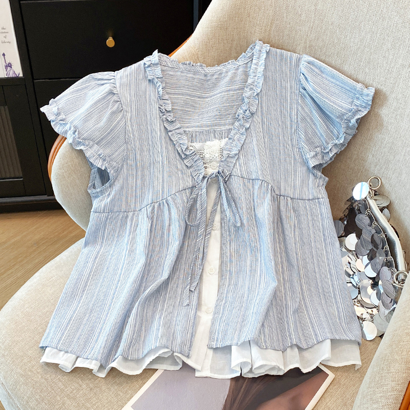 MY11455# 韩系花边假两件V领衬衫飞飞袖小衫女夏季新款设计感拼接宽松上衣女裝貨源服裝批發