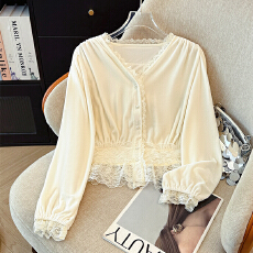 批发法式浪漫蕾丝百搭温柔杏色上衣2025新款简约气质时尚掐腰长袖<b class='q'>衬衫</b>