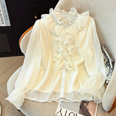 批发法式浪漫风荷叶边立领钉珠拼接气质衬衫2026新款女轻奢风小衫