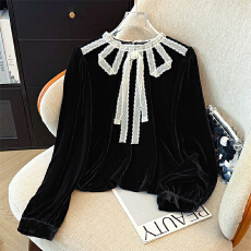 衬衫女高级感轻奢减龄洋气套头黑色丝绒上衣2026年新款