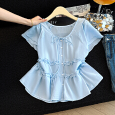 批发法式荷叶边系带短袖<b class='q'>衬衫</b>女2026夏季新款高级感<b class='q'>蝴蝶结</b>显瘦减龄上衣