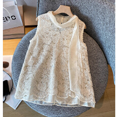 批发温柔系米白飘带蕾丝<b class='q'>双层</b>无袖<b class='q'>背心</b>精致钩花透视感叠穿外搭上衣