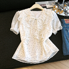 批发法式v领荷叶边波点<b class='q'>衬衫</b>女夏季甜美洋气小衫收腰显瘦短袖雪纺上衣