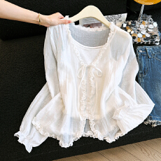 批发法式木耳边V领系带长袖<b class='q'>衬衫</b>女夏宽松显瘦微透防晒开衫吊带两件套