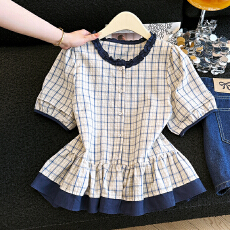 批发韩系木耳边格子短袖衬衫女夏季2026新款宽松显瘦百搭撞色小衫<b class='q'>上衣</b>