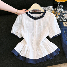 批发韩系刺绣蕾丝风撞色花边衬衫女短袖宽松荷叶边娃娃衫减龄上衣小衫