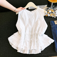 批发夏季<b class='q'>甜美</b>韩系刺绣花边无袖衬衣木耳边娃娃衫上衣女短款小衫背心