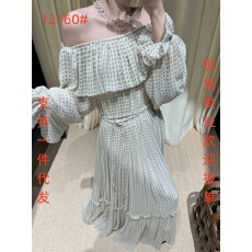 批发25早秋新款法式波点一字肩迷你腰果荷叶领气质连衣裙