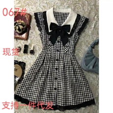 批发古早回忆录夏季2026新款古着vintage<b class='q'>日系</b>蝴蝶结小飞袖格纹连衣裙