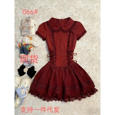 批发红色复古蕾丝边娃娃领短袖衬衫<b class='q'>连衣裙</b>女夏小众洋气收腰显瘦<b class='q'>连衣裙</b>