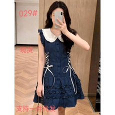 批发甜美风减龄蓝色复古娃娃领<b class='q'>连衣裙</b>小众vintage夏女收腰显瘦撞色裙