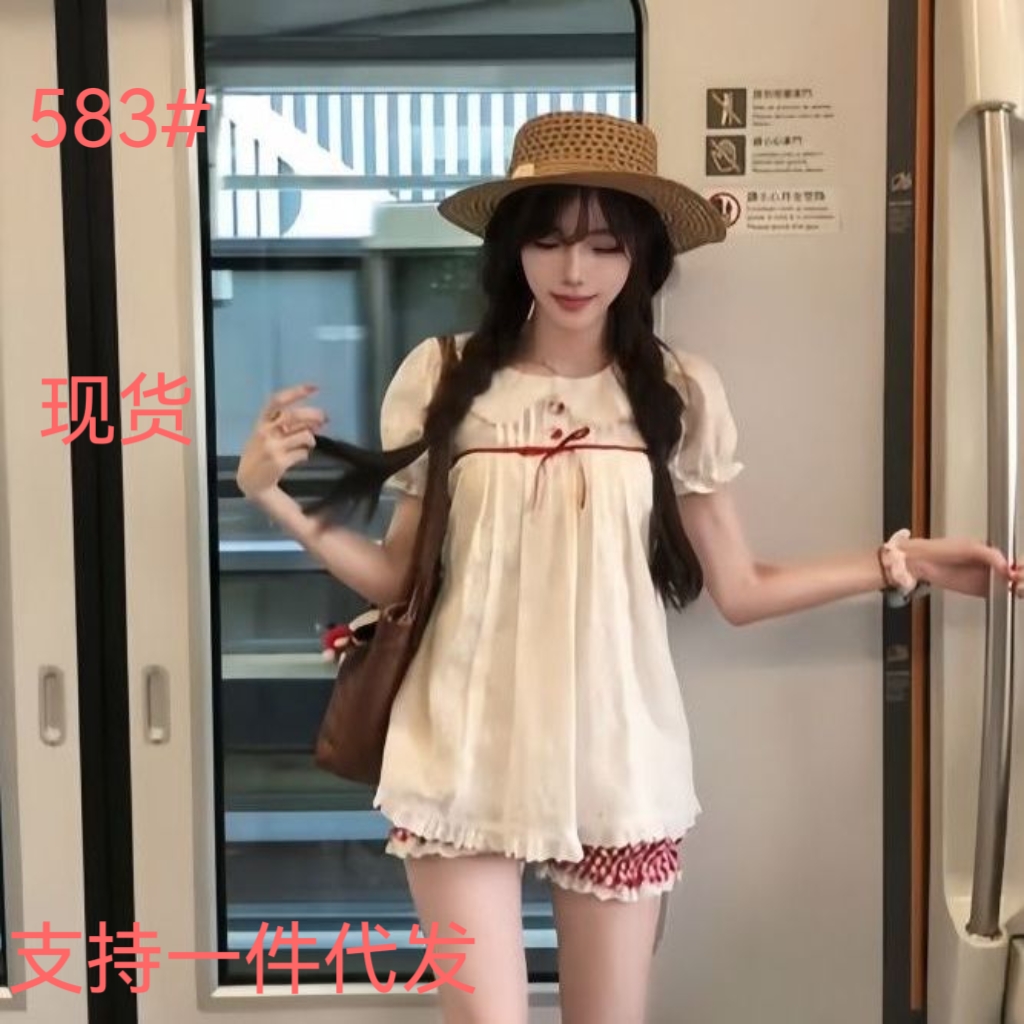 달콤함 귀여운 베이비 칼라 거품 소매 화이트 여성 셔츠 여름 새로운 하이웨이스트 체크무늬 레이스 반바지 투피스 세트