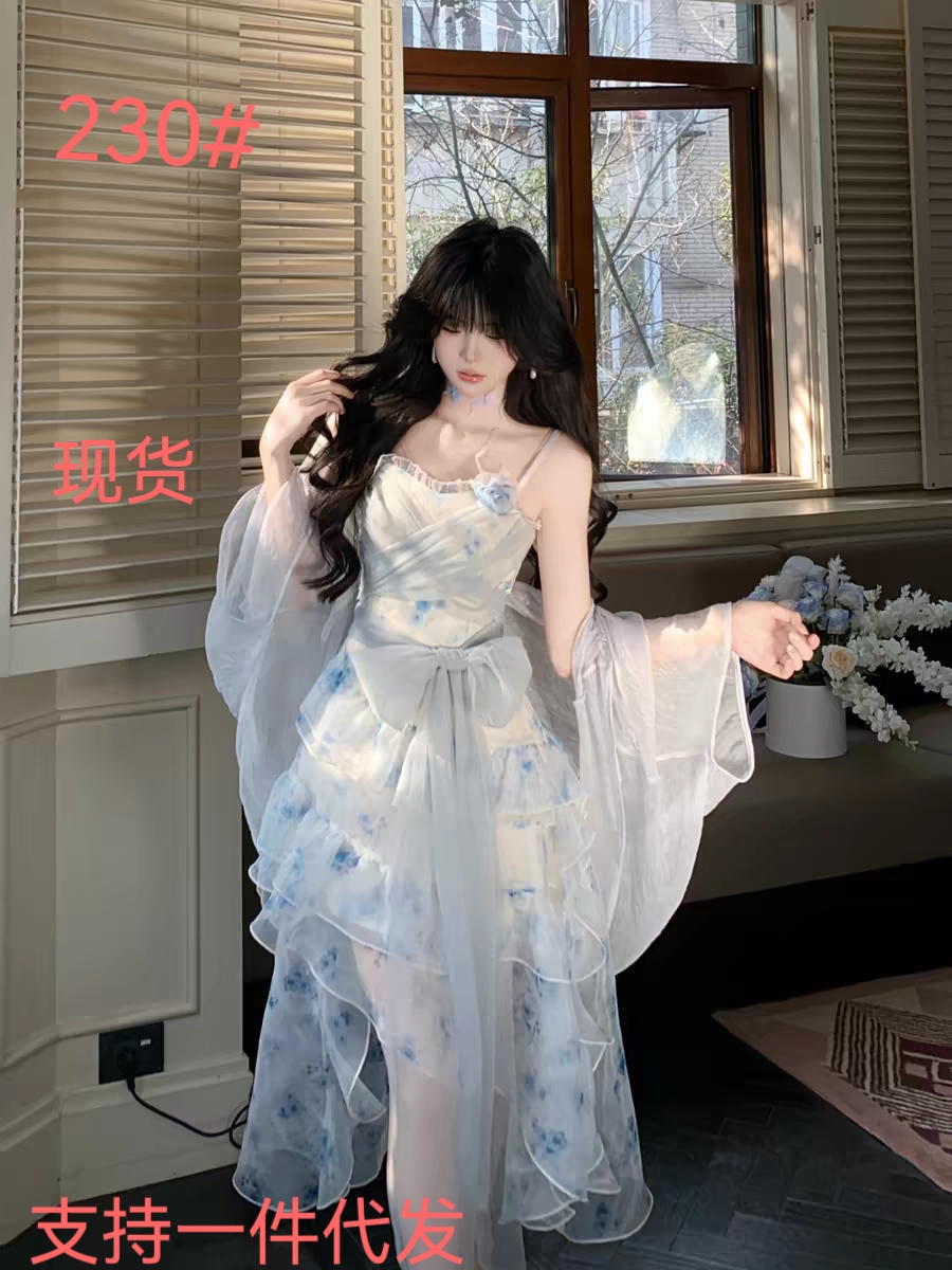 blovelan 바람 멈추다 블루 크릭 요정 가스 분위기 센스 헤일로 염색 프린트 스트랩 불규칙 망사 슬립 드레스