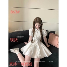 批发THETURE掐腰小白裙收腰显瘦衬衫<b class='q'>连衣裙</b>女夏法式初恋泡泡袖生日裙
