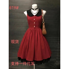 批发古着vintage娃娃领条纹<b class='q'>连衣裙</b>女夏季设计感小众复古收腰显瘦裙子