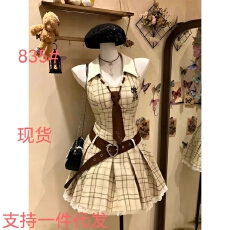 批发【旧格雅序】vintage复古格纹<b class='q'>连衣裙</b> 白翻领米白格纹收腰蓬摆裙
