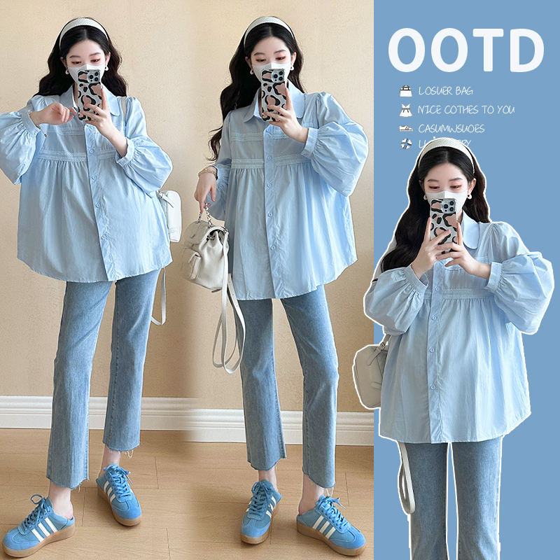 실사 202 봄 새로운 임산부 새로운 한국 스타일 루즈핏 셔츠 작은 셔츠 맨위 수 있습니다. 수유
