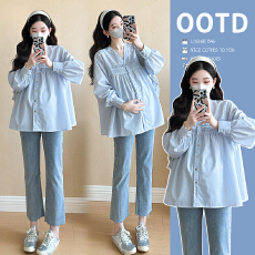 批发实拍2026春装新款孕妇长袖V领条纹宽松娃娃衫上衣可哺乳