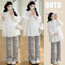 实拍春款新款孕妇装镂空刺绣蕾丝花边立领上衣+裤子套装