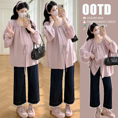 批发实拍开春新款竖条纹长袖衬衣<b class='q'>宽松</b>孕妇上衣