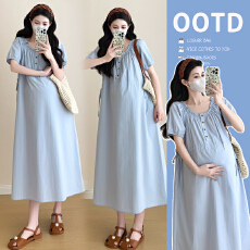 批发实拍现<b class='q'>孕妇装</b>2026夏季新款方领侧边抽绳收腰<b class='q'>中长款</b><b class='q'>孕妇</b><b class='q'>裙</b>