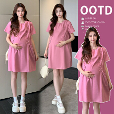 批发实拍2026夏季新款孕妇法式小众高级感木耳边遮肉显瘦有口袋连衣裙