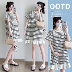 批发实拍2026夏季新款孕妇设计下摆拼接条纹中长款T恤<b class='q'>百搭</b>显瘦连衣裙