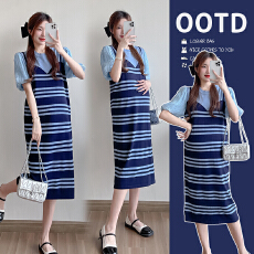 批发实拍2026孕妇装夏季新款条纹拼接冰丝针织中长款孕妇裙