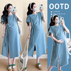 批发实拍 现孕妇<b class='q'>夏季</b>新款显瘦遮肉气质休闲设计木扣中长款孕妇裙