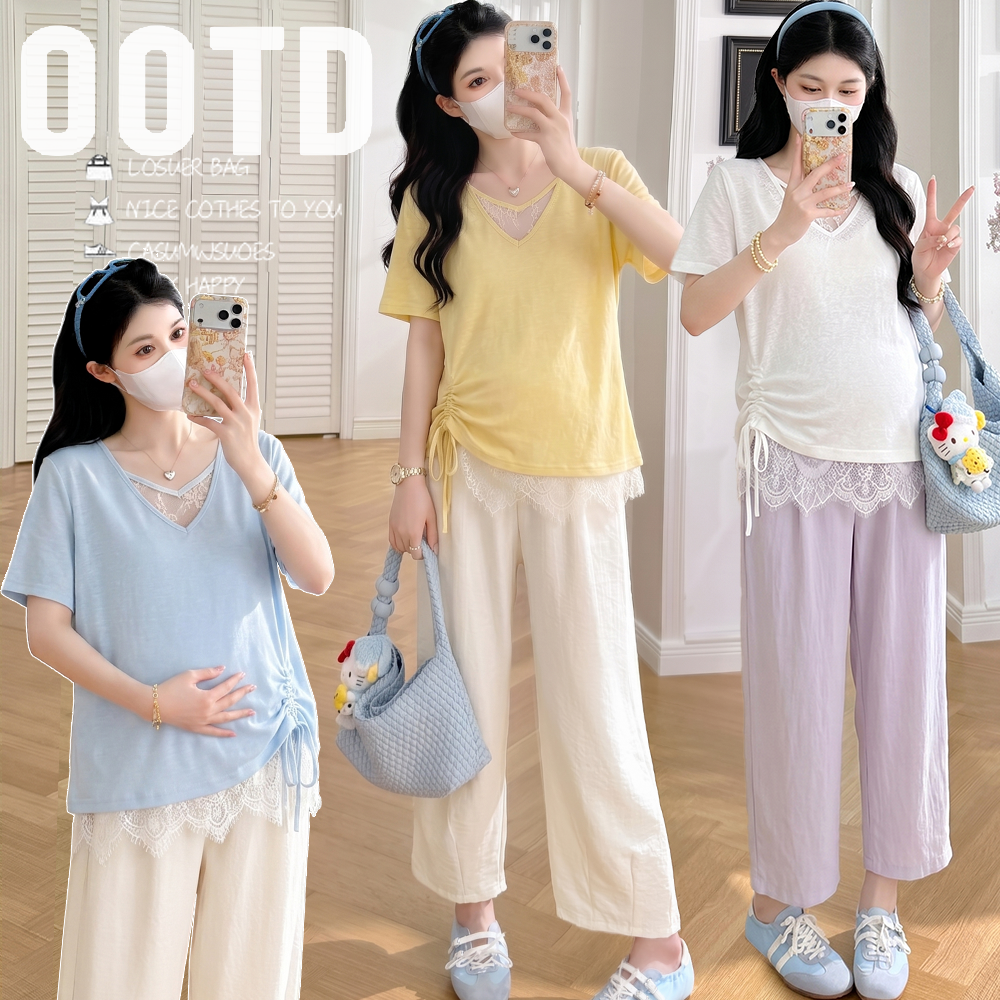 실사 2026 여름 새로운 레이스 조각 V넥 펌프 로프 루즈핏 슬림해 보이는 반팔 임산부 티셔츠