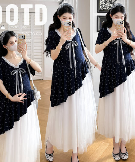 실사 여름 새로운 한 부서 레이스 나비 매듭 꽃무늬 드레스 불규칙 망사 임산부 드레스
