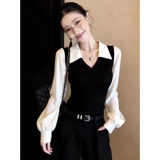 批发小香风简约休闲随性日常<b class='q'>通勤</b>流行黑白衬衫女2026早春撞色拼接上衣