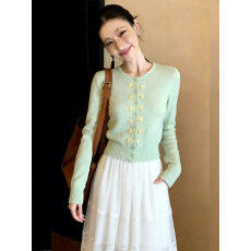 批发简约法式清新立体<b class='q'>花朵</b>针织开衫女2026春季长袖薄荷绿圆领显瘦上衣