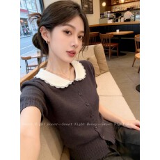 批发2026春夏季新款学院风娃娃领麻花针织短袖独特漂亮翻领<b class='q'>短款</b>上衣女