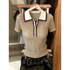 批发撞色polo领针织衫t恤女士短款正肩镂空上衣<b class='q'>夏</b>薄款轻奢高级感