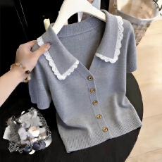 批发2026<b class='q'>夏</b>季新款爆款洋气藏蓝色蕾丝花边针织衫高级感短袖上衣T恤