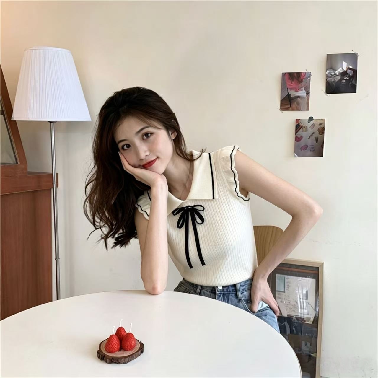 실사 정가 여름 드레스 새로운 달콤함 미니멀리즘 출퇴근 몸매 가꾸기 슬림해 보이는 민소매 맨위 작은 날다 소매 조끼