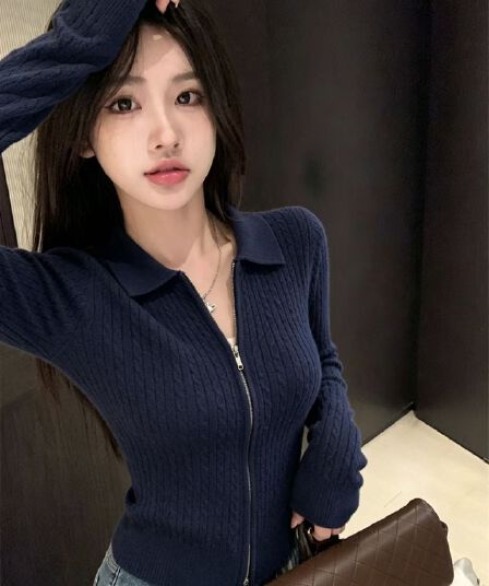 실사 정가 한국 스타일 레트로 다용도 꽈배기 더블 머리 지퍼 오픈 가디건 니트 스웨터 POLO 칼라