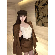 批发实拍实价 复古高级感气质百搭麂皮<b class='q'>西装外套</b>短裙提花<b class='q'>蕾丝</b>内搭套装