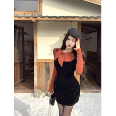 批发实拍实价 留洋千金新年圣诞新款薄绒内搭上衣+丝绒吊带<b class='q'>连衣裙</b>套装