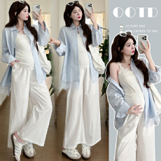 批发实拍孕妇吊带背心夏季蕾丝拼接云朵背心蓝色防晒衫抽绳孕妇裤