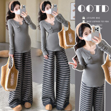 批发实拍孕妇<b class='q'>套</b><b class='q'>装</b>灰色修身长袖T恤上衣孕妇<b class='q'>秋</b>冬条纹休闲<b class='q'>裤</b>阔腿<b class='q'>裤</b><b class='q'>两件</b>